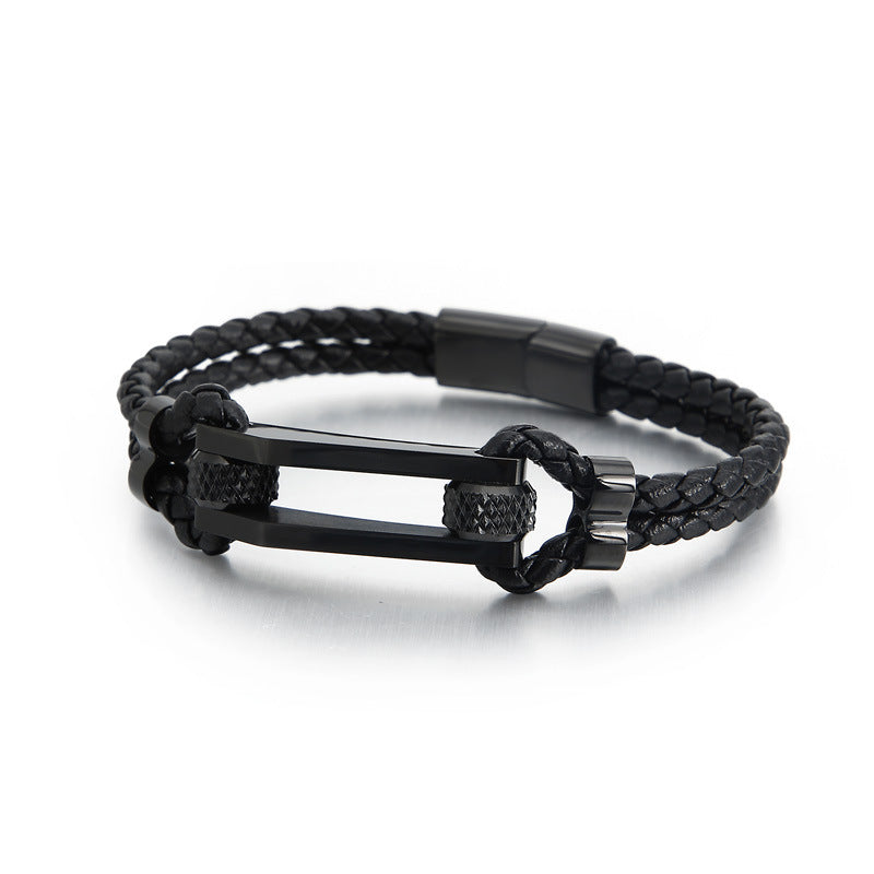 Cowhide Braided Double Layer Titanium Steel Geometric Trendy Men