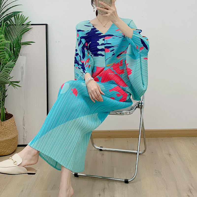 Elegant Printed Pleated V-neck Batwing Sleeve Dress