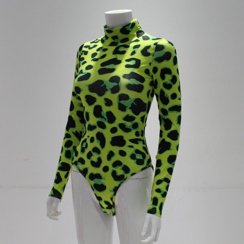 Women's New Yama Popular High Collar Long-sleeved Green Leopard Print Slim Fit Jumpsuit