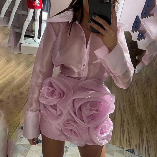 Lapel See-through Light Shirt Flower Skirt Suit Women