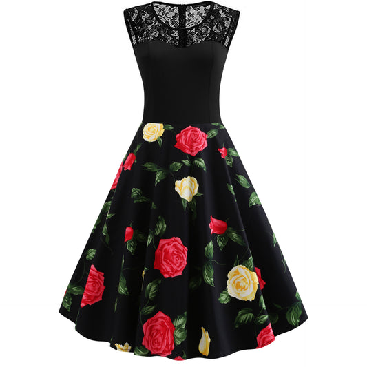 Lace Stitching Sleeveless Hot-selling Floral-print Retro Dress