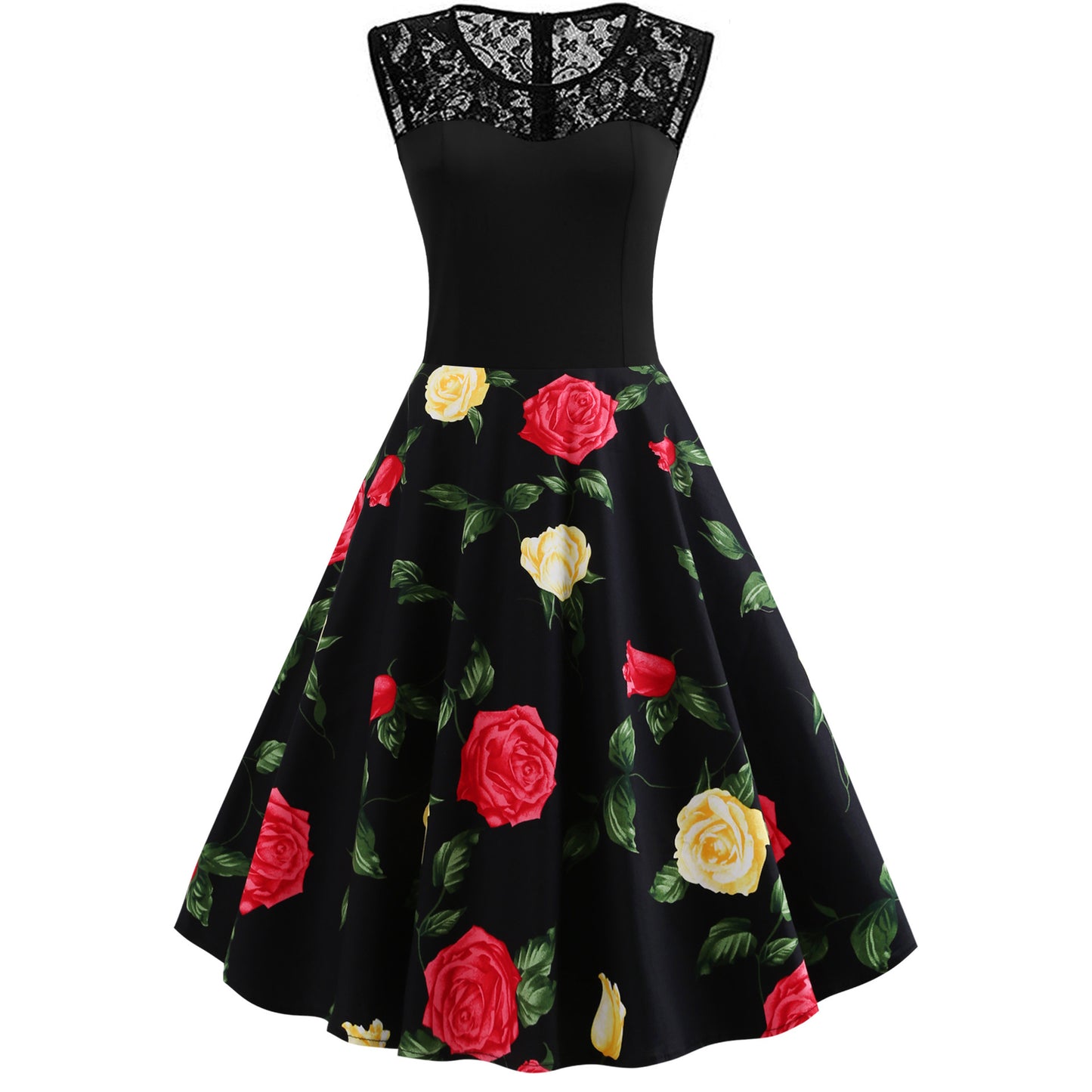 Lace Stitching Sleeveless Hot-selling Floral-print Retro Dress