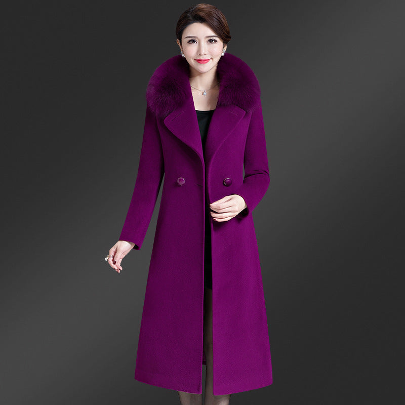 Korean Version Fox Fur Collar Single Side Cashmere Coat