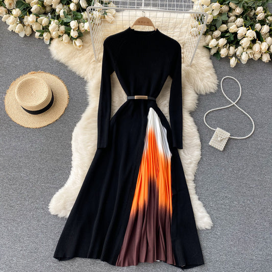 Hepburn Style Elegant Knit Stitching Pleated Slim Waist Dress