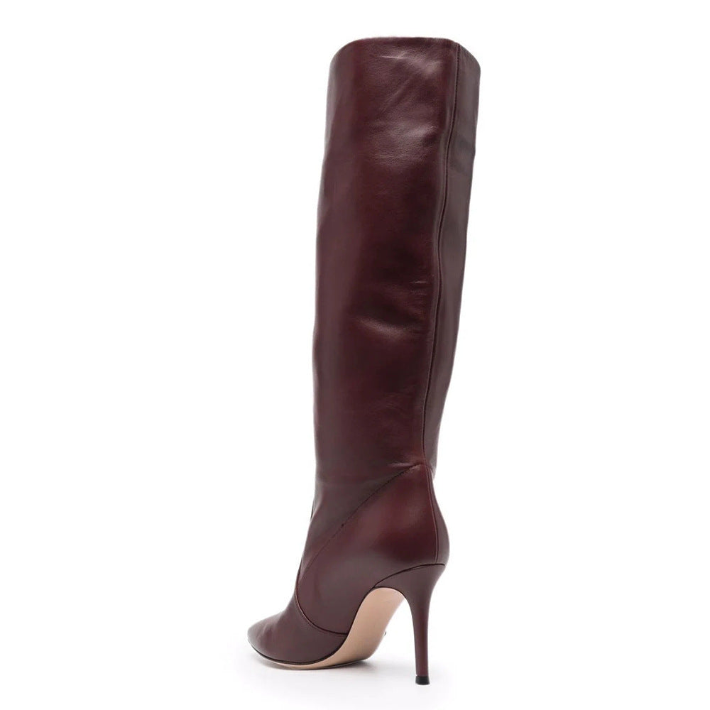 Burgundy PU Plus Size Pointed Toe Knee-length Boots