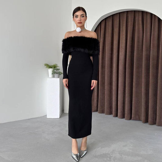 Off-shoulder Fur Collar Slim Fit Dress Women