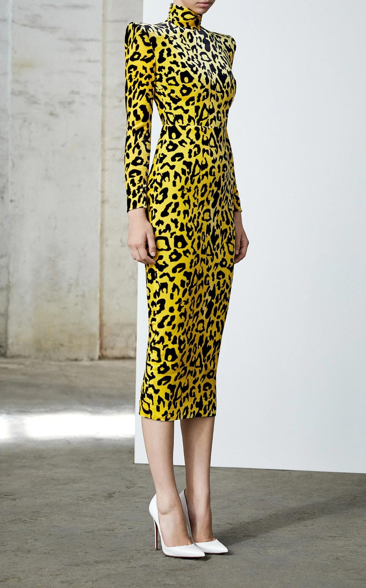 Long sleeve stand-up collar leopard print velvet slim fit dress