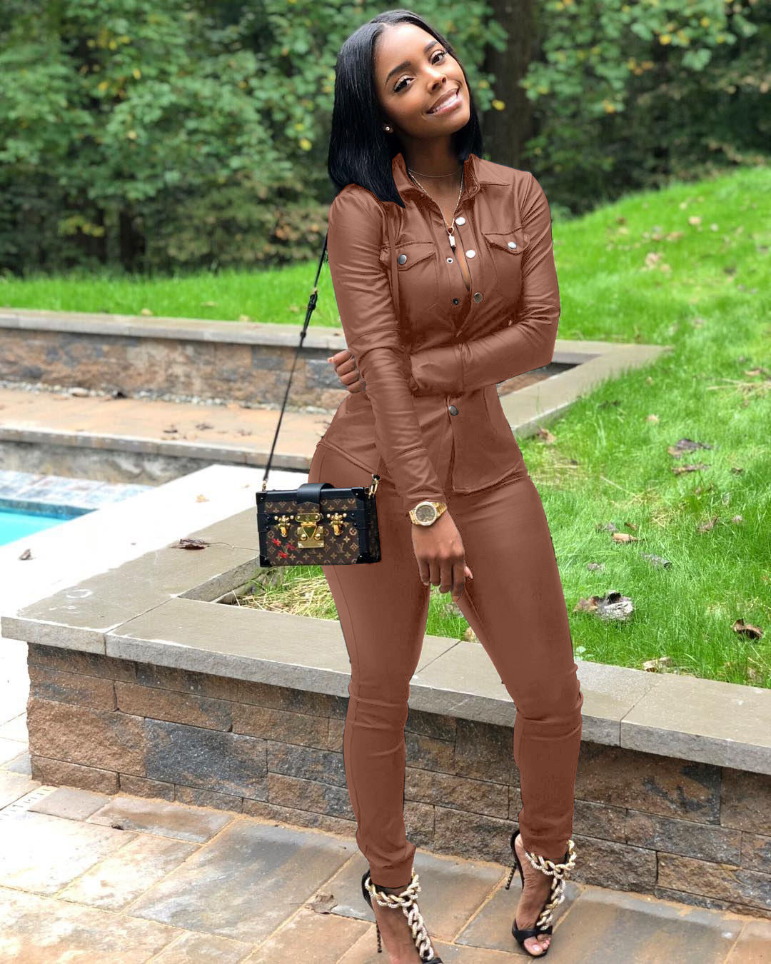 European and American Women's Leather Cardigan Sports Suit