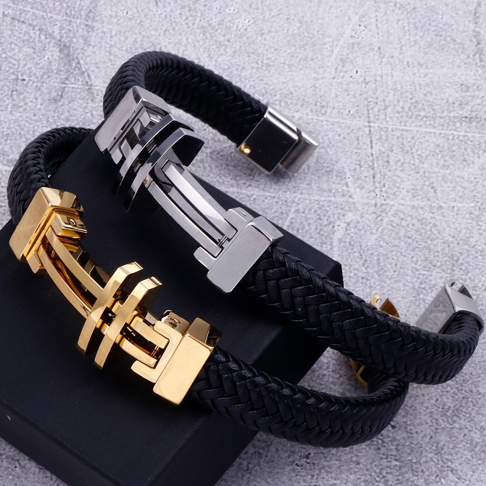 Titanium steel bracelet cowhide men's leather rope