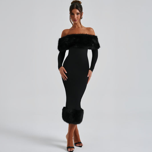 Fur Collar Off-neck Long Sleeve Elegant Slim Fit Dress