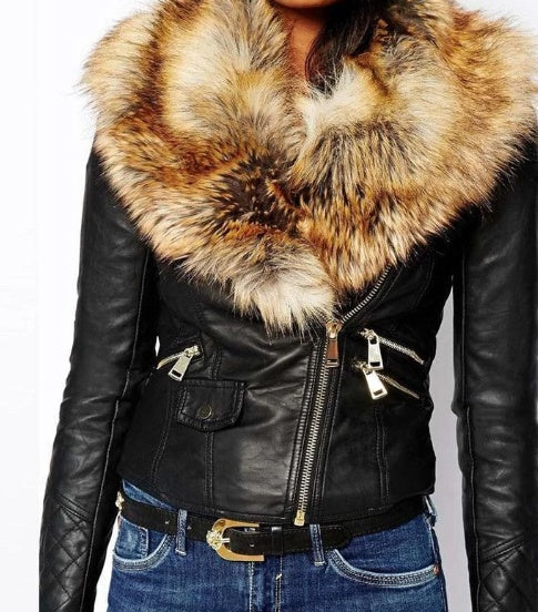 Hot PU Leather Jacket Coat with Faux Fox Fur Collar