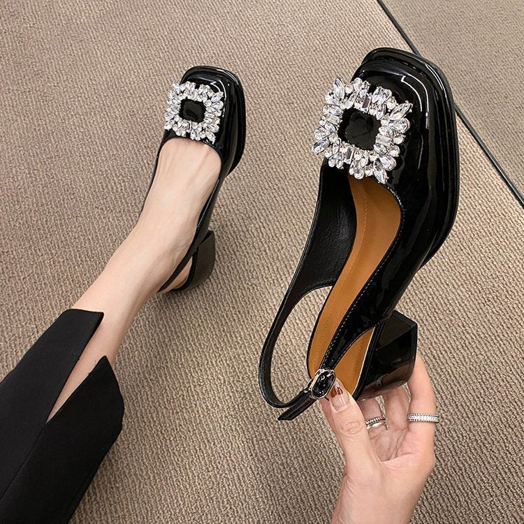French Retro Rhinestone Buckle Chunky Heel Elegant Sandals