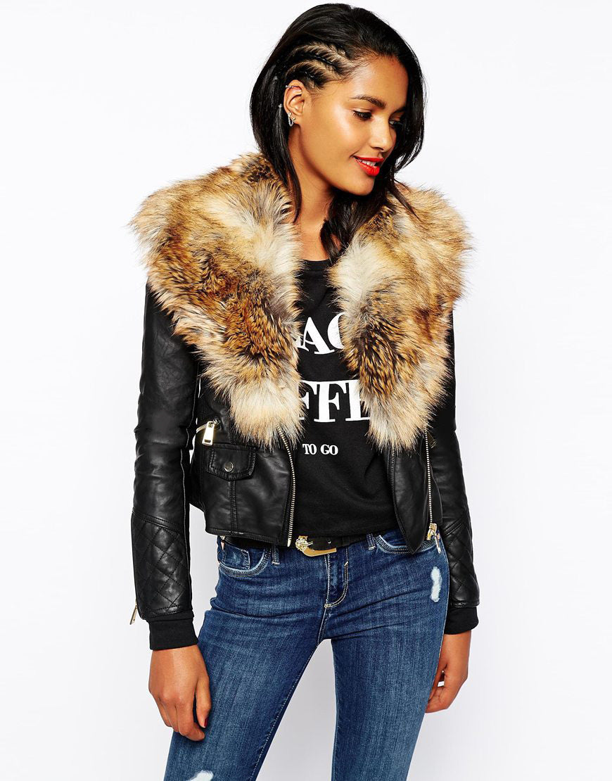 Hot PU Leather Jacket Coat with Faux Fox Fur Collar