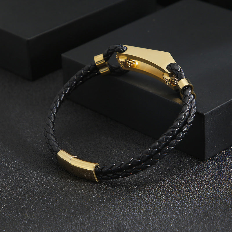 Cowhide Braided Double Layer Titanium Steel Geometric Trendy Men