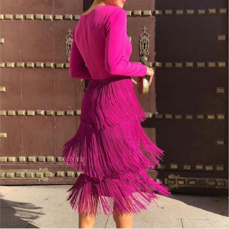 Long-sleeved fringed dress