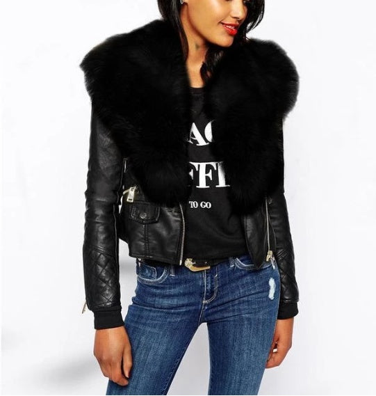 Hot PU Leather Jacket Coat with Faux Fox Fur Collar