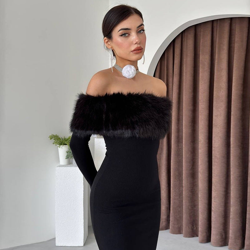 Off-shoulder Fur Collar Slim Fit Dress Women