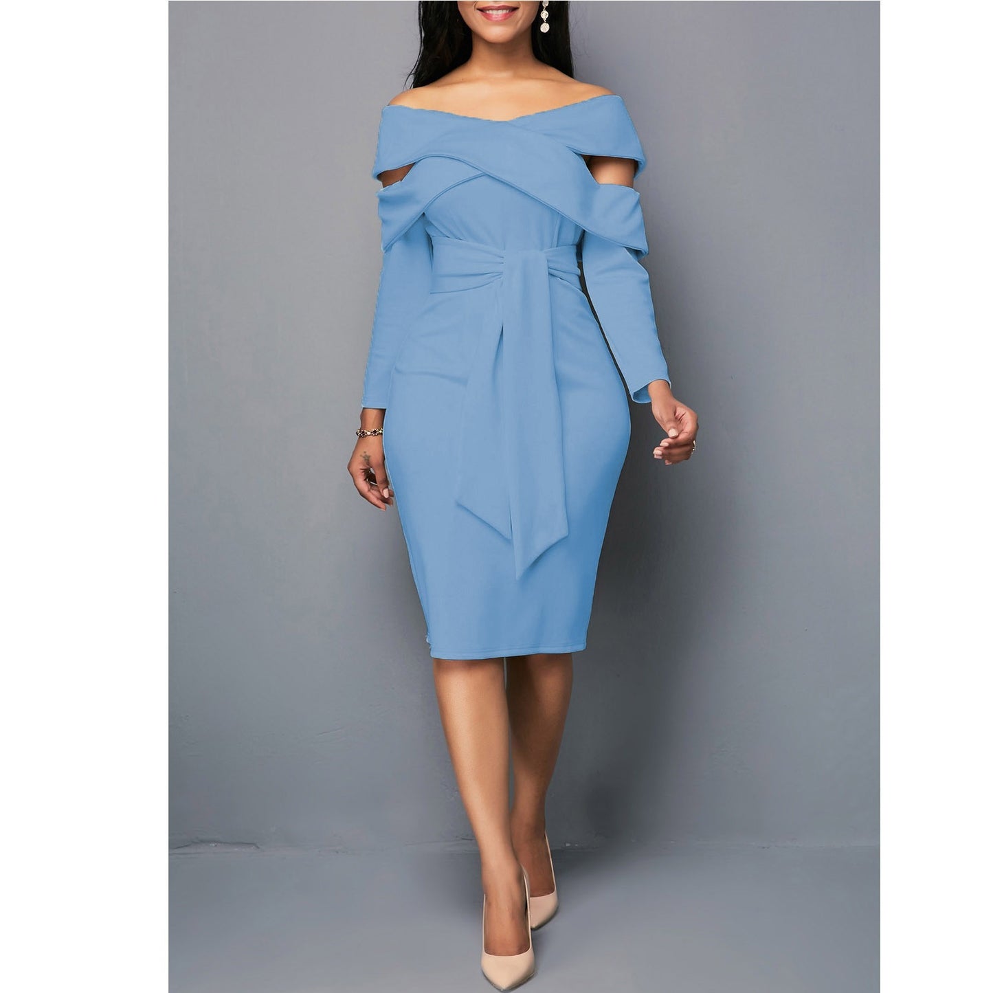 Solid Color Temperament Slim Fit One-Line Neck Long Sleeve Dress