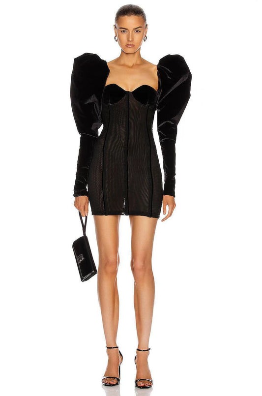 Long-sleeved Ladies Commuter One-shoulder Three-dimensional Puff Sleeve Waist Dress