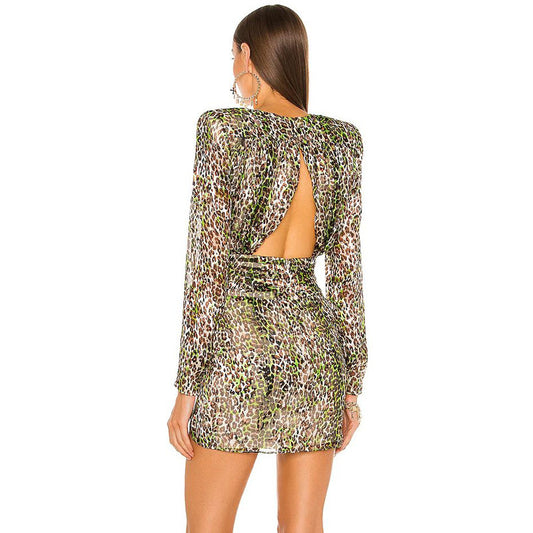 Round Neck Leopard Print Floral Long Sleeve Dress Women