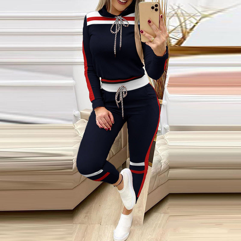 Ladies Blue Color Block Hood Sweater Set