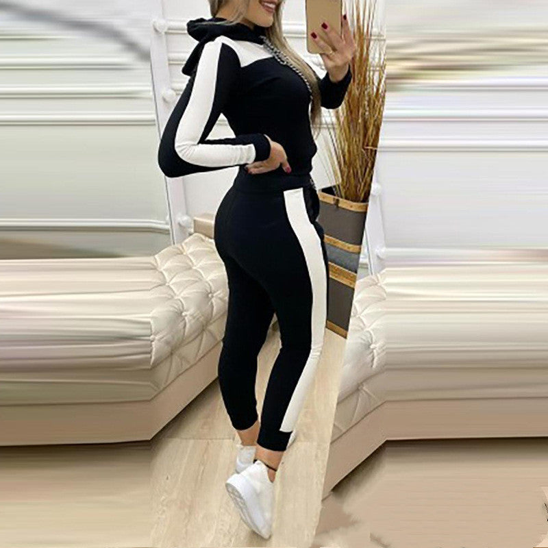 Ladies Blue Color Block Hood Sweater Set