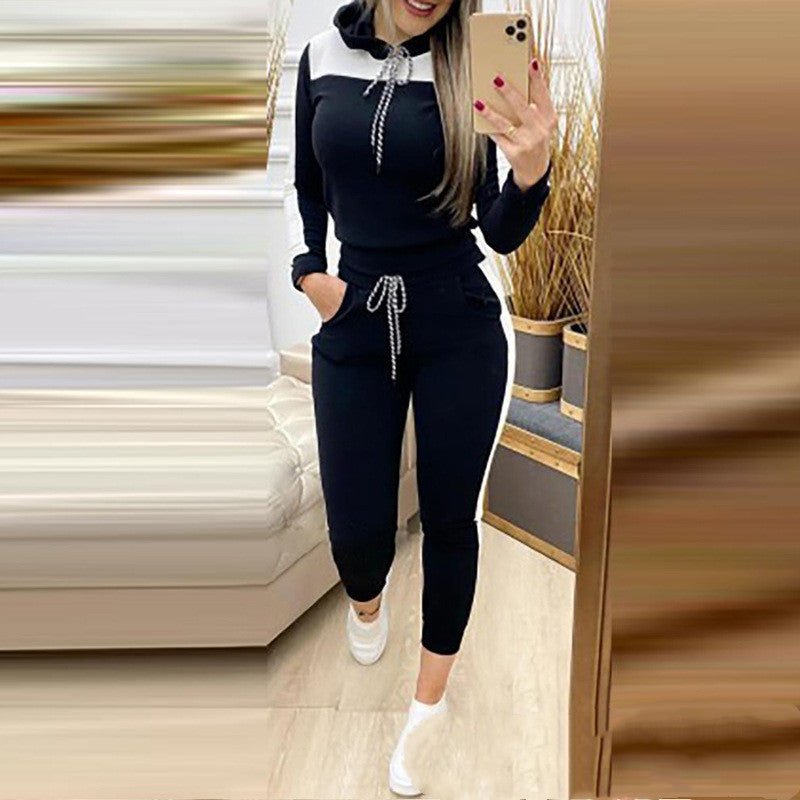 Ladies Blue Color Block Hood Sweater Set