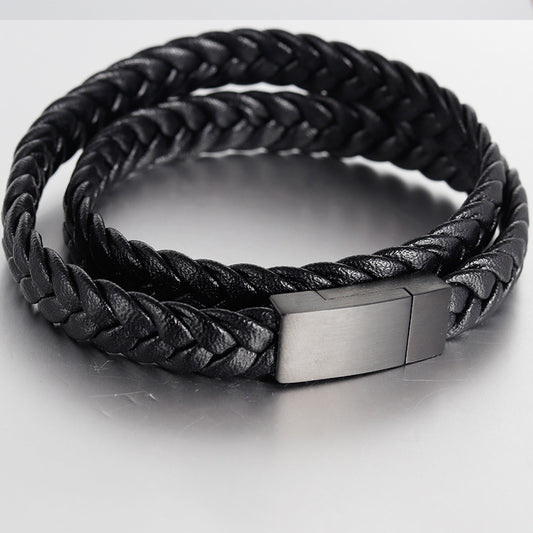 Men's Double-Layer Stainless Steel Leather Braided Bracelet