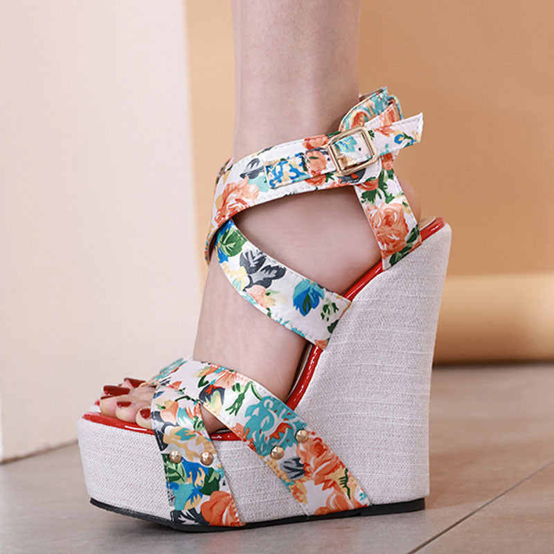 Silk-Printed Wedge High-Heel Comfortable Platform Sandals