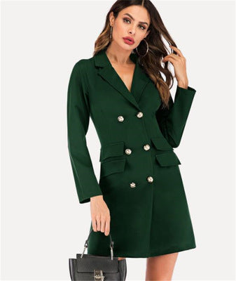 European and American women's double-breasted Slim sexy windbreaker solid color thin coat dress