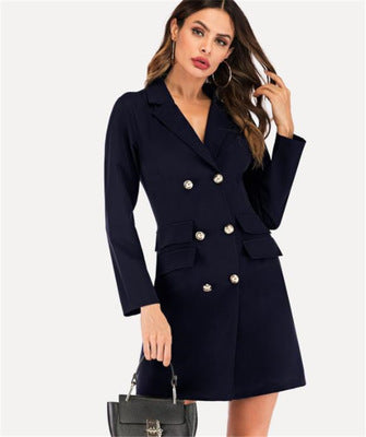 European and American women's double-breasted Slim sexy windbreaker solid color thin coat dress