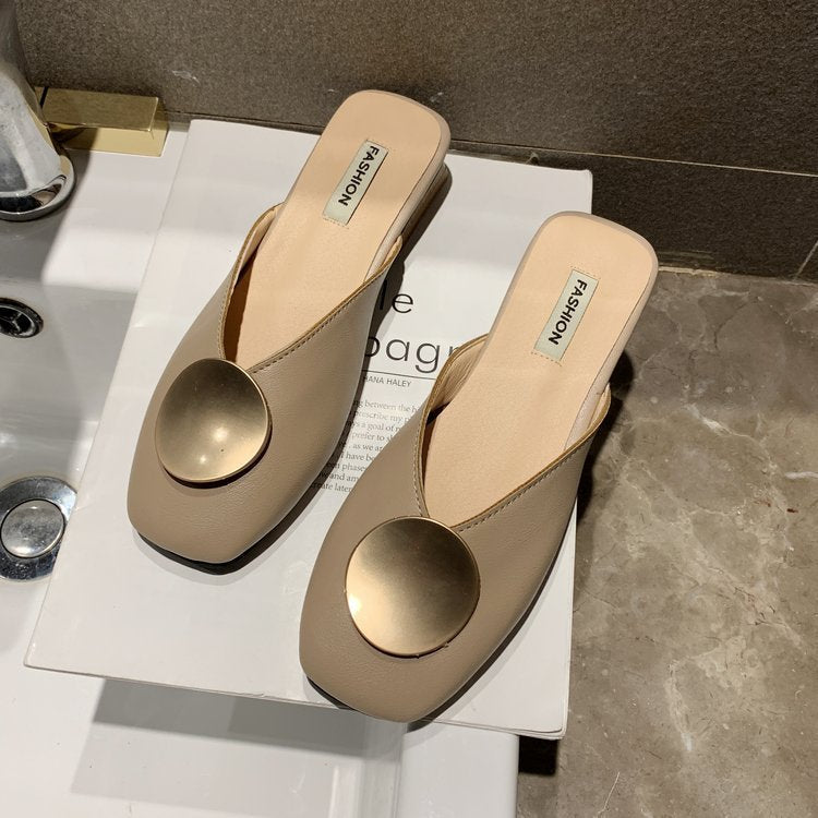 Dress Net Red Slippers Women'S Summer New Fashion Casual Baotou Half Slippers Women'S Low Heel Thick Heel Sandals Muller Shoes