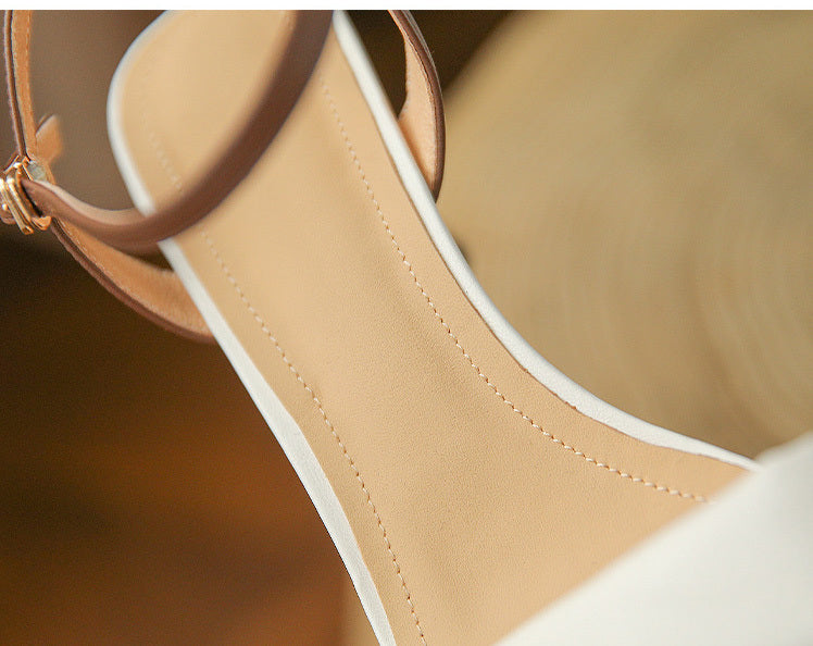 Color Matching Block Heel High Heels Women's Leather Open Toe Sandals With One Word Buckle