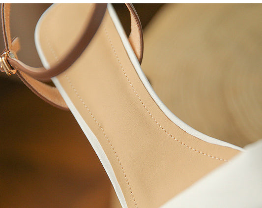 Color Matching Block Heel High Heels Women's Leather Open Toe Sandals With One Word Buckle