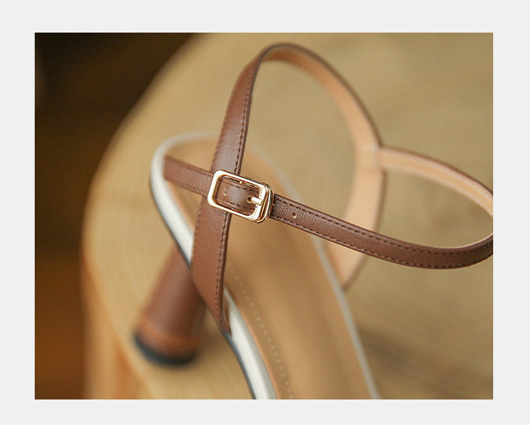 Color Matching Block Heel High Heels Women's Leather Open Toe Sandals With One Word Buckle
