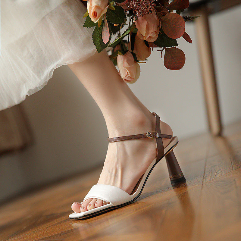 Color Matching Block Heel High Heels Women's Leather Open Toe Sandals With One Word Buckle