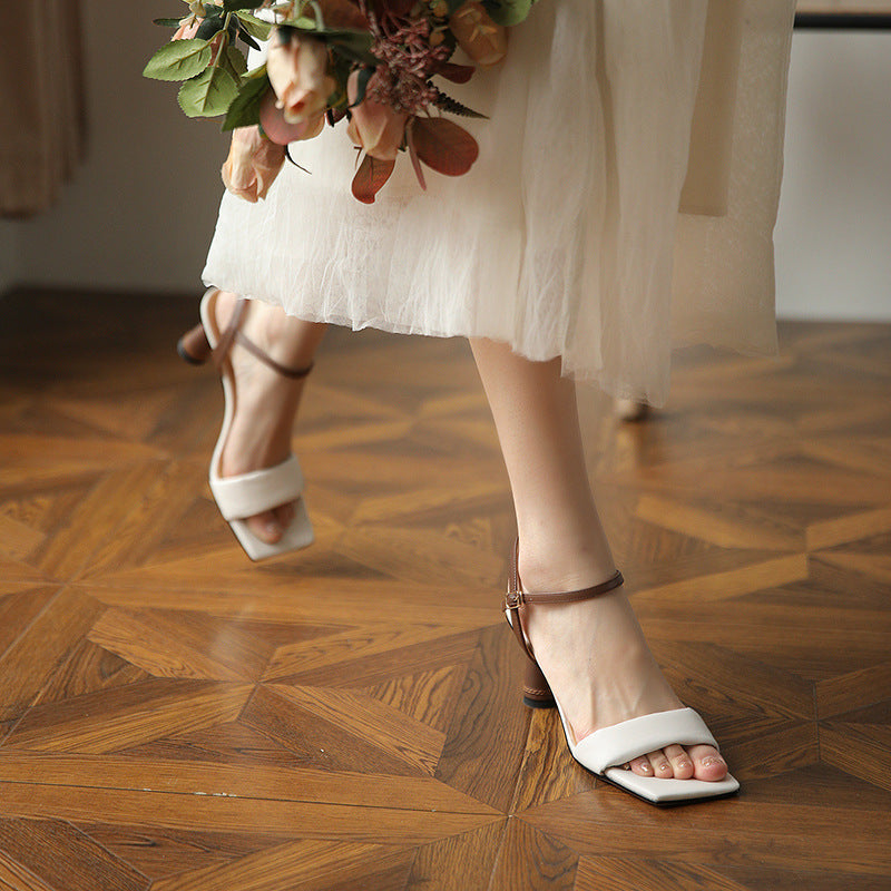 Color Matching Block Heel High Heels Women's Leather Open Toe Sandals With One Word Buckle