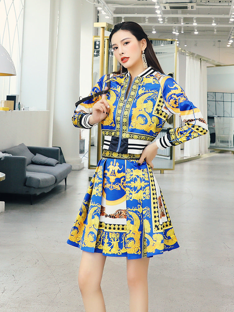 Korean Print Suit Winter New Fried Street Jacket Jacket Pleated Umbrella Skirt Skirt Two Piece Skirt