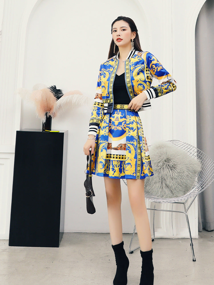 Korean Print Suit Winter New Fried Street Jacket Jacket Pleated Umbrella Skirt Skirt Two Piece Skirt