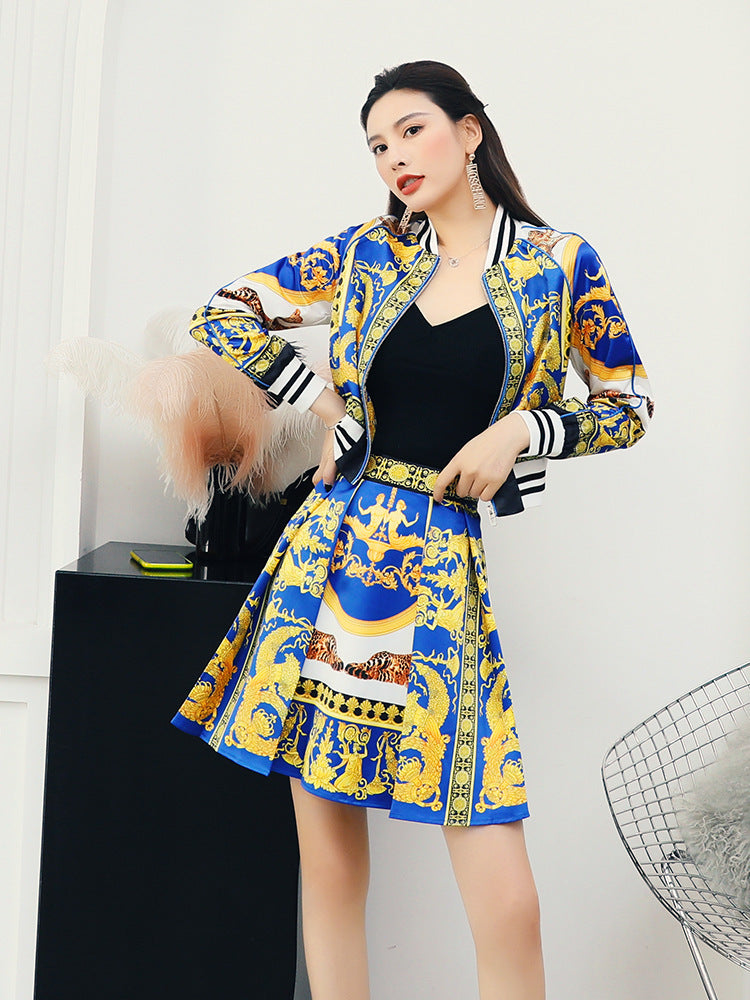 Korean Print Suit Winter New Fried Street Jacket Jacket Pleated Umbrella Skirt Skirt Two Piece Skirt