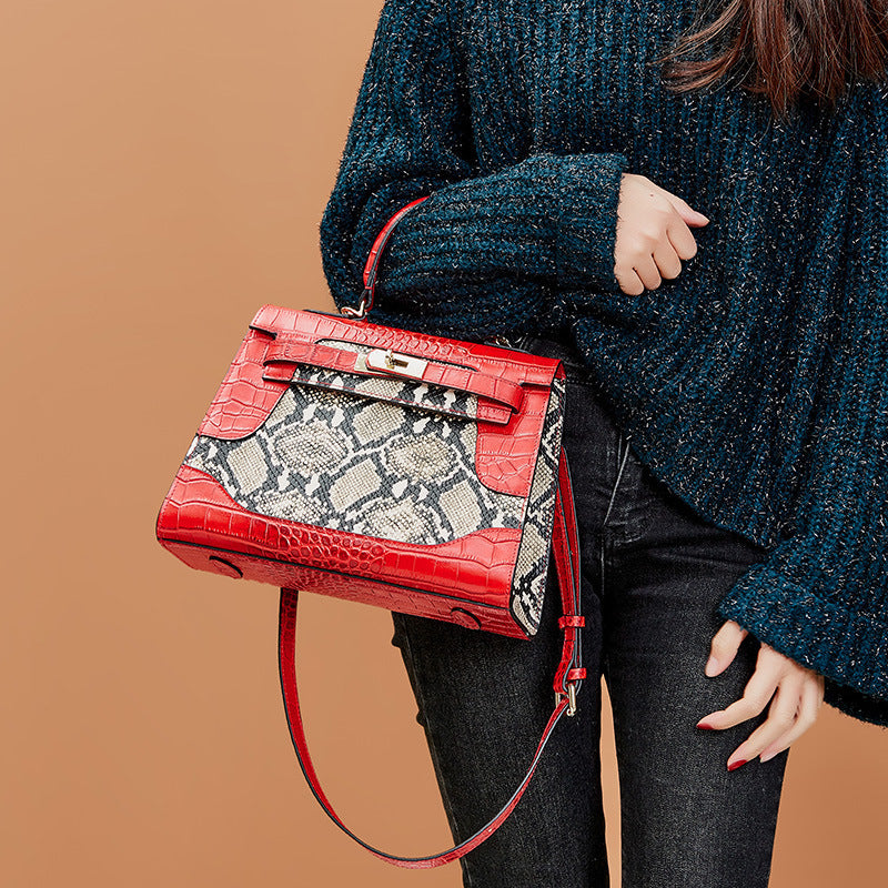 Genuine Leather Fashion Snake Print Platinum Bag