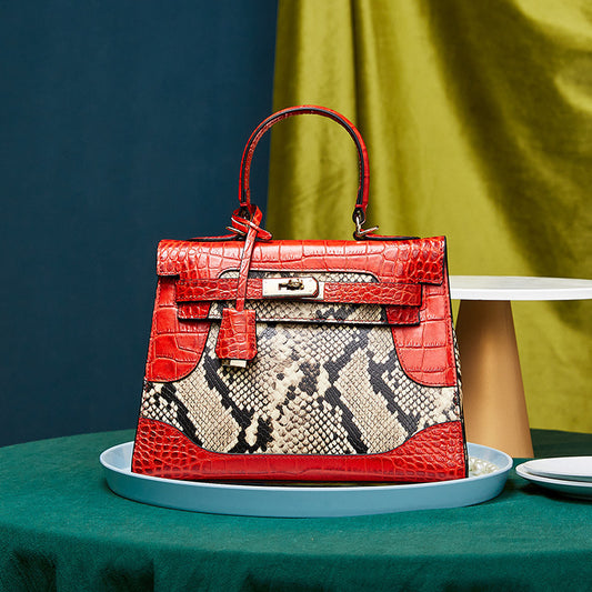 Genuine Leather Fashion Snake Print Platinum Bag