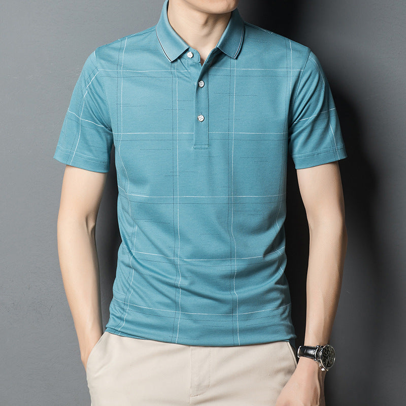 New T-shirt Male Silk Non-iron Short-sleeved Stripes Business Middle-aged Fashion City Bright Face Handsome