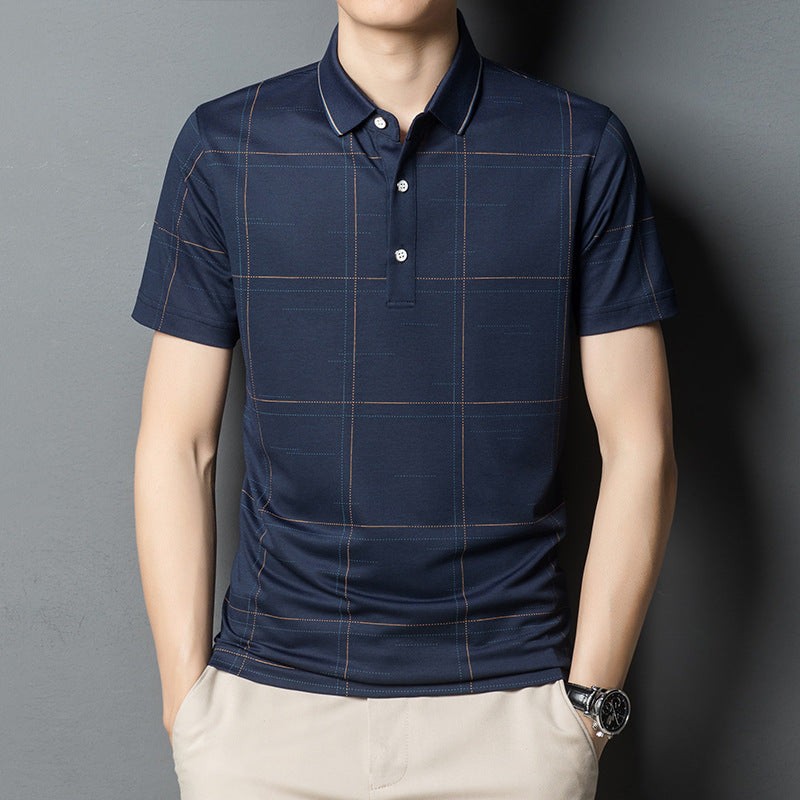 New T-shirt Male Silk Non-iron Short-sleeved Stripes Business Middle-aged Fashion City Bright Face Handsome