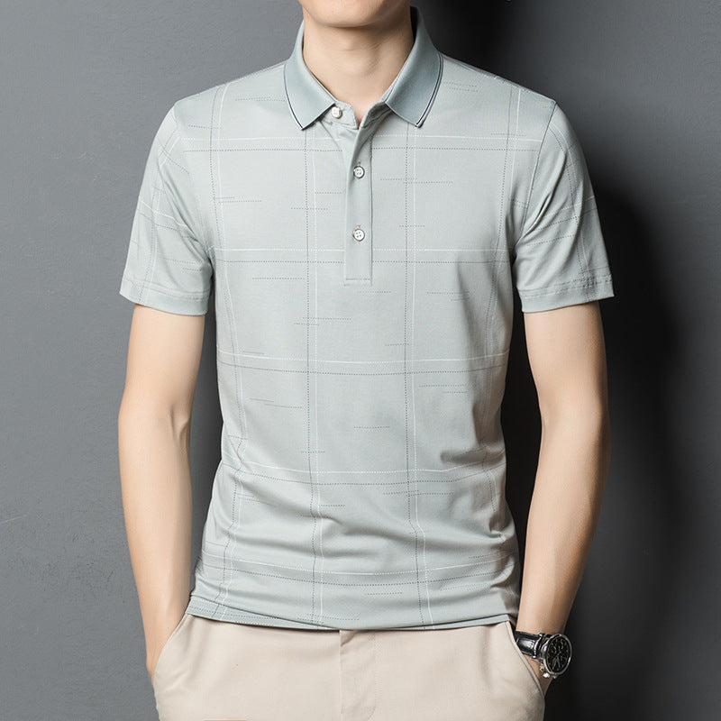 New T-shirt Male Silk Non-iron Short-sleeved Stripes Business Middle-aged Fashion City Bright Face Handsome