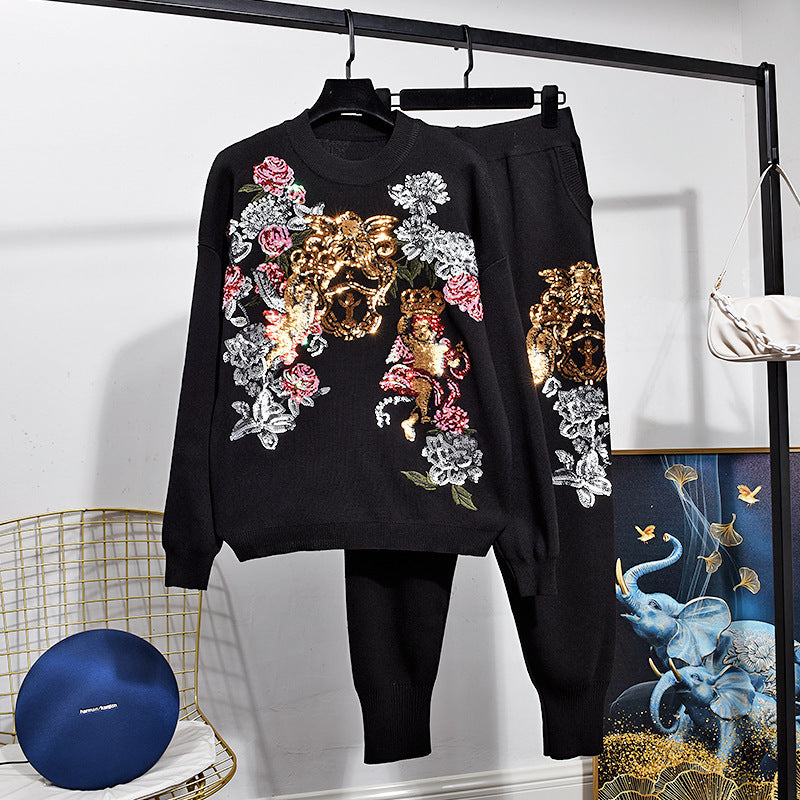 Sequined Long-sleeved Knit Sweater Sweater Feet Pants Fashion Suit Women