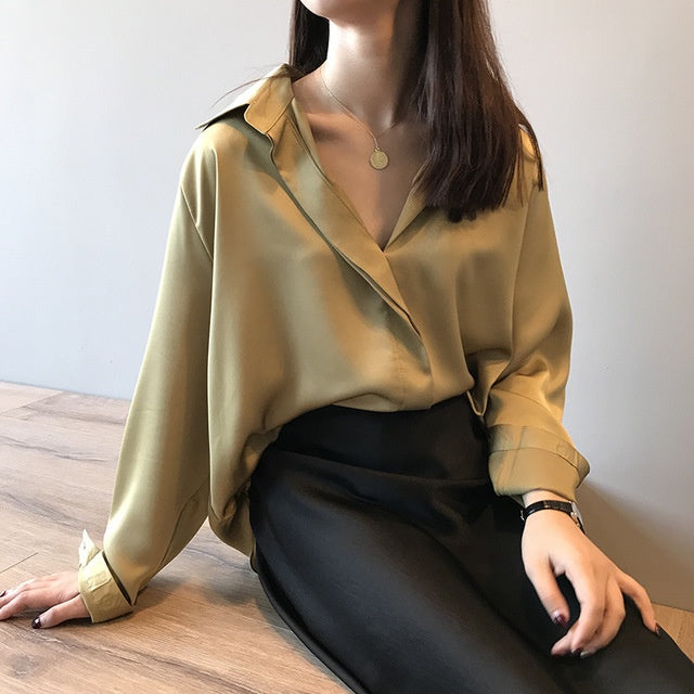 Long sleeve V-neck Vintage Silk Satin Chiffon shirt