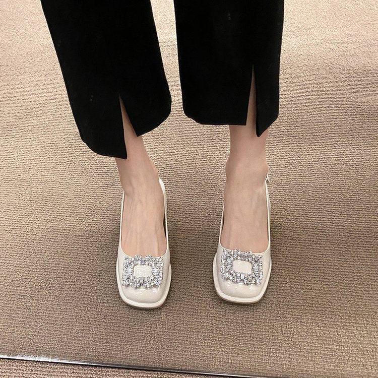 French Retro Rhinestone Buckle Chunky Heel Elegant Sandals