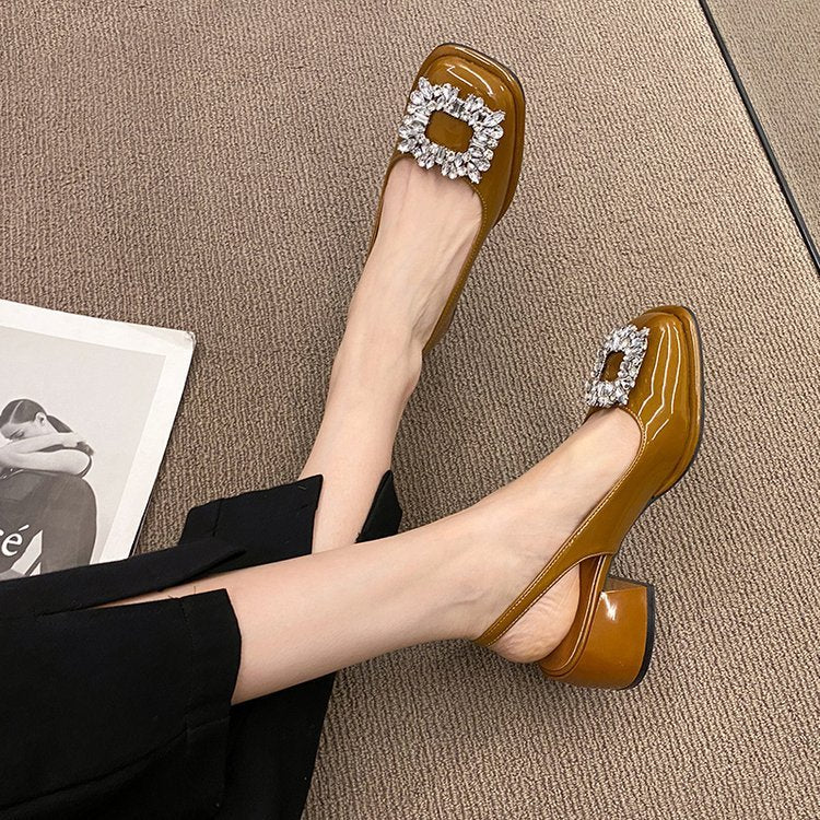 French Retro Rhinestone Buckle Chunky Heel Elegant Sandals