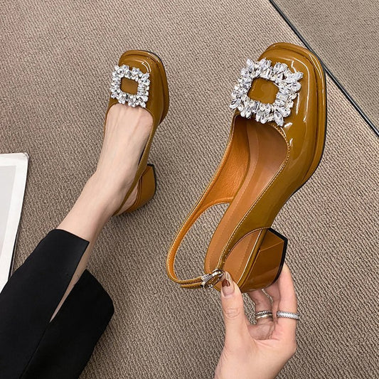 French Retro Rhinestone Buckle Chunky Heel Elegant Sandals